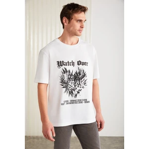 Clıent Erkek %100 Organik Pamuklu Regular Fit Baskı Detaylı Bisiklet Yaka Örme Beyaz T-shirt