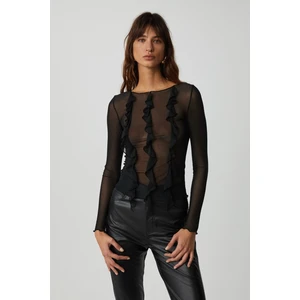 Alıyah Kadın Tül Kumaşlı Fırfırlı Transparan Vücüdu Saran Siyah Bluz