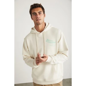 Claude Erkek Kapüşonlu Baskı Detaylı Kanguru Cepli Taş Rengi Sweatshirt