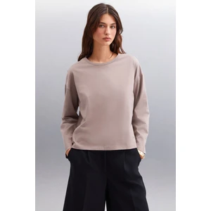 Basıl Erkek Sırt Baskı Detaylı Oversize %100 Organik Pamuk Örme Kısa Kol Vizon T-shirt