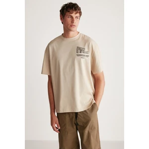 Beal Erkek Sırt Baskı Detaylı Oversize Fit Bol Kesim %100 Organik Pamuk Örme Kısa Kol Bej T-shirt