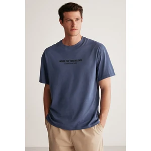 Bastıan Erkek Oversize Fit %100 Pamuk Kalın Dokulu Baskılı Lacivert T-shirt
