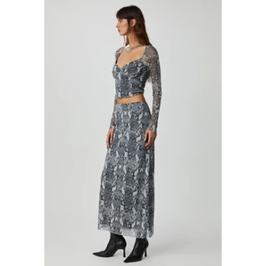 Beulah Kadın Maxi Boy Slim Fit Beli Lastikli Tül Batik Desenli Yılan Desenli Etek