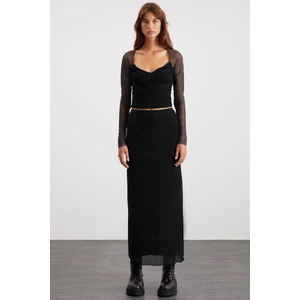 Beulah Kadın Maxi Boy Slim Fit Beli Lastikli Tül Batik Desenli Siyah Etek