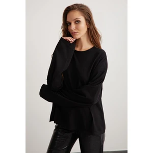 Basıl Kadın %100 Pamuk Bisiklet Yaka Oversize Fit Uzun Kollu Siyah T-shirt