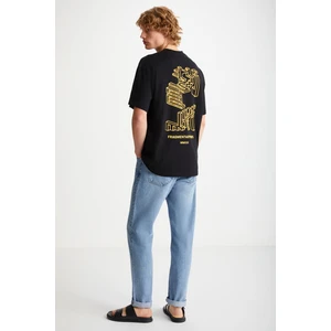 Beal Erkek Sırt Baskı Detaylı Oversize Fit Bol Kesim %100 Organik Pamuk Örme Kısa Kol Siyah T-shirt