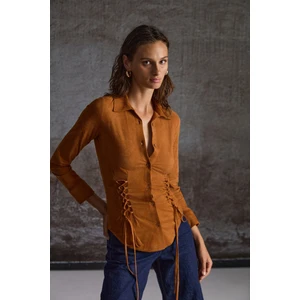 Bogotan Kadın Slim Fit Vücudu Saran Süet Belden Bağlamalı Ipli Kahverengi Gömlek