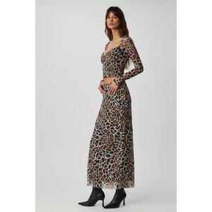 Beulah Kadın Maxi Boy Slim Fit Beli Lastikli Tül Batik Desenli Leopar Desenli Etek