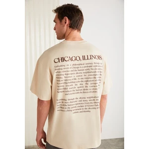 Barack Erkek Sırt Baskı Detaylı Oversize Fit Bol Kesim %100 Organik Pamuk Örme Kısa Kol Bej T-shirt