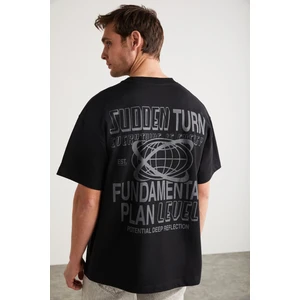 Apolo Erkek Sırt Baskı Detaylı Oversize %100 Organik Pamuk Örme Kısa Kol Siyah T-shirt