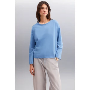 Basıl Kadın Sırt Baskı Detaylı Oversize %100 Organik Pamuk Örme Uzun Kol Indigo T-shirt