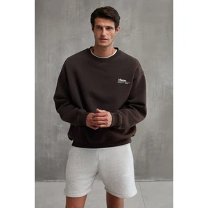 Ernest Erkek Organik Pamuklu Yumuşacık Baskı Detaylı Bisiklet Yaka Içi Polarlı Kahverengi Sweatshirt