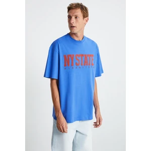ATLANTA Erkek %100 Pamuklu Kısa Kollu Baskı Detaylı Parlament Mavi T-Shirt