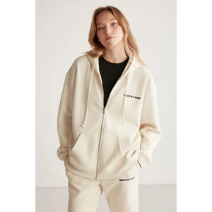 Ametıs Kadın Örme Oversize Kapüşonlu Fermuarlı Yazi Detaylı Vanilya Sweatshirt
