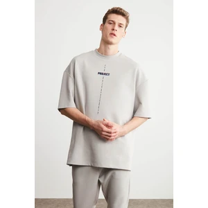 Project Erkek Baskı Detaylı Oversize Fit %100 Organik Pamuk Örme Bisiklet Yaka Örme Gri T-shirt