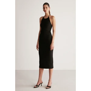 Andıe Kadın Dokuma Krep Kumaşlı Bodycon Vücüdu Saran Boyundan Bağlamalı Siyah Elbise
