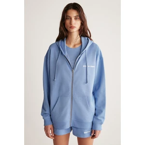 Ametıs Kadın Örme Oversize Kapüşonlu Fermuarlı Yazi Detaylı Mavi Sweatshirt
