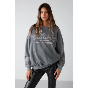 Amelıa Kadın Yumuşacık Içi Polarlı Örme Parça Baskılı Şehir Temalı Oversize Antrasit Sweatshirt