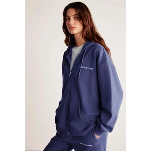 Ametıs Kadın Içi Polarlı Nakış Yazı Detaylı Organik Pamuk Oversize Kapüşonlu Lacivert Sweatshirt
