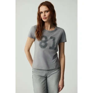 Sınce Kadın Regular Baskılı Taşlı Yuvarlak Yaka Açık Gri T-Shirt
