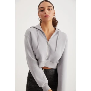 Delıa Kadın Crop 3 Iplik Şardonlu Örme Relaxed Fit Fermuarlı Kapüşonlu Gri Sweatshirt
