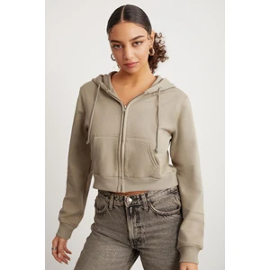 Delıa Kadın Crop İçi Polarlı Fermuarlı Organik Pamuklu Kapüsonlu Kordonlu Bej Sweatshirt