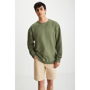 Gregor Erkek Yıkamalı Içi Polarlı Yumuşacık Oversize Bisiklet Yaka Haki Sweatshirt
