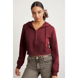Delıa Kadın Crop Içi Polarlı Fermuarlı Organik Pamuklu Kapüsonlu Kordonlu Bordo Sweatshirt