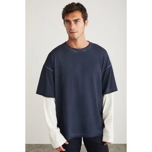 Deny Erkek Uzun Kol Detaylı Oversize Fit Bol Kesim Bisiklet Yaka %100 Organik Pamuk Lacivert T-shirt