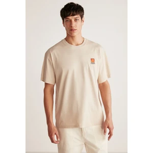 FLORAISON Erkek Bisiklet Yaka %100 Pamuk Oversize Kalıp Bej T-Shirt