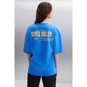 Gıllıan Kadın Ön Ve Arka Baskı Detaylı Oversize &100 Organik Pamuklu Parlament Mavi T-shirt