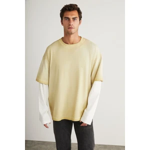 Deny Erkek Uzun Kol Detaylı Oversize Fit Bol Kesim Bisiklet Yaka %100 Organik Pamuk Açık Bej T-shirt
