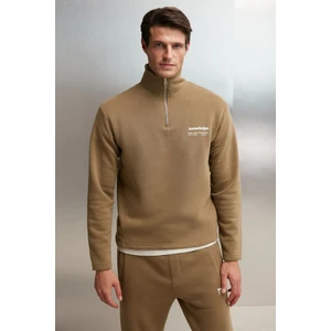 Halden Erkek Içi Polarlı Dik Yaka Yarım Fermuarlı Baskı Detaylı Regular Haki Sweatshirt