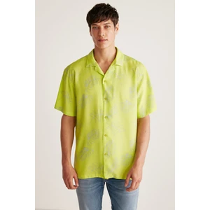 Harrıson Erkek Tiril Tiril Kumaşlı Dökümlü Dokuma Geniş Fit Yazlık Neon Yeşil Gömlek