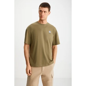 FLORAISON Erkek Bisiklet Yaka %100 Pamuk Oversize Kalıp Haki T-Shirt