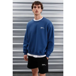 Ernest Erkek Yumuşacık Içi Polarlı Baskı Detaylı Organik Pamuk Oversize Mavi Sweatshirt