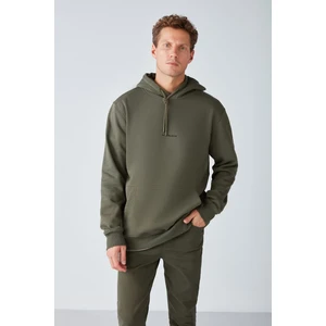 Epıc Erkek Yumusaçık Kumaşlı Kapüşonlu Kordonlu Regular Fit Nakışlı Haki Sweatshirt