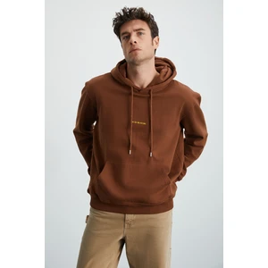 Epıc Erkek Yumusaçık Kumaşlı Nakış Detaylı Kapüşonlu Kordonlu Regular Acı Kahve Sweatshirt