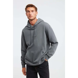 Epıc Erkek Yumusaçık Kumaşlı Kapüşonlu Kordonlu Regular Fit Nakışlı Açık Gri Sweatshirt