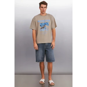 Maddox Erkek %100 Organik Pamuklu Baskı Detaylı Kalın Dokulu Oversize Fit Vizon T-shirt