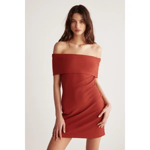 Julene Kadın Esnek Fitilli Kumaşlı Bardot Yaka Bodycon Vücüdu Saran Midi Kiremit Rengi Elbise