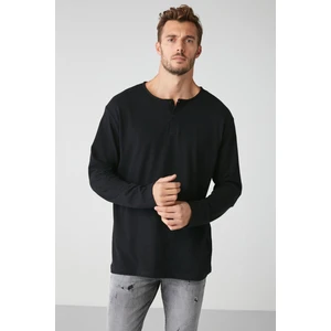 Lorenzo Erkek Özel Rustik Dokulu %100 Organik Pamuk Düğme Detaylı Regular Siyah Sweatshirt