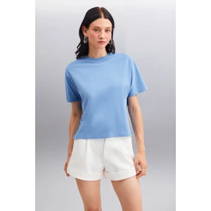 Lottıe Kadın %100 Organik Pamuklu Regular Kalıp Bisiklet Yaka Basic Kısa Kollu Indigo T-shirt