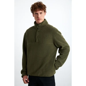 Ludolf Erkek Pamuk-Polyester Yarım Fermuarlı Polarlı Haki Sweatshirt
