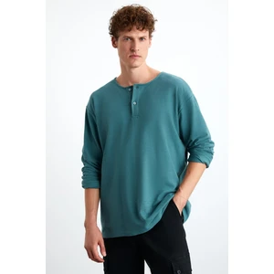Lorenzo Erkek Özel Rustik Dokulu %100 Organik Pamuk Düğme Detaylı Regular Yeşil Sweatshirt
