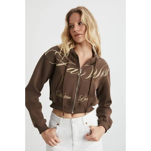 Dıanetta Kadın Crop Şardonlu Organik Pamuk Baskı Detaylı Kapüşonlu Fermuarlı Kahverengi Sweatshirt