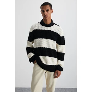 Narvık Erkek Recyle Yumuşacık Bisiklet Yaka Saç Örgü Desenli Triko Siyah/ekru Kazak