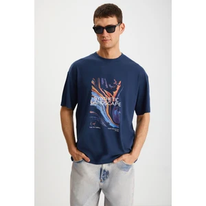 Landscape Erkek %100 Organik Pamuklu Baskı Detaylı Kalın Dokulu Oversive Lacivert T-shirt
