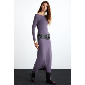 Krızıa Kadın Viskon Likralı Sırt Dekolteli Eteği Geniş Maxi Mürdüm Elbise