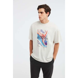 Landscape Erkek %100 Organik Pamuklu Baskı Detaylı Kalın Dokulu Oversive Taş Rengi T-shirt